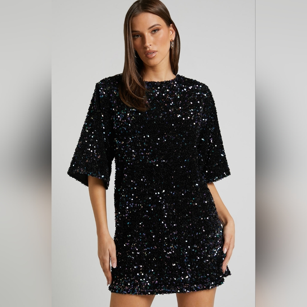 Showpo Valetta Midnight Blue Black Sequin Mini Party Dress Womens 14 NWT